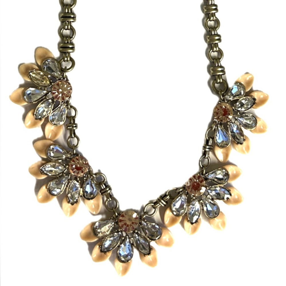 Dune Willow Floral Bib Necklace Rhinestones & Acrylic Peach Flowers.